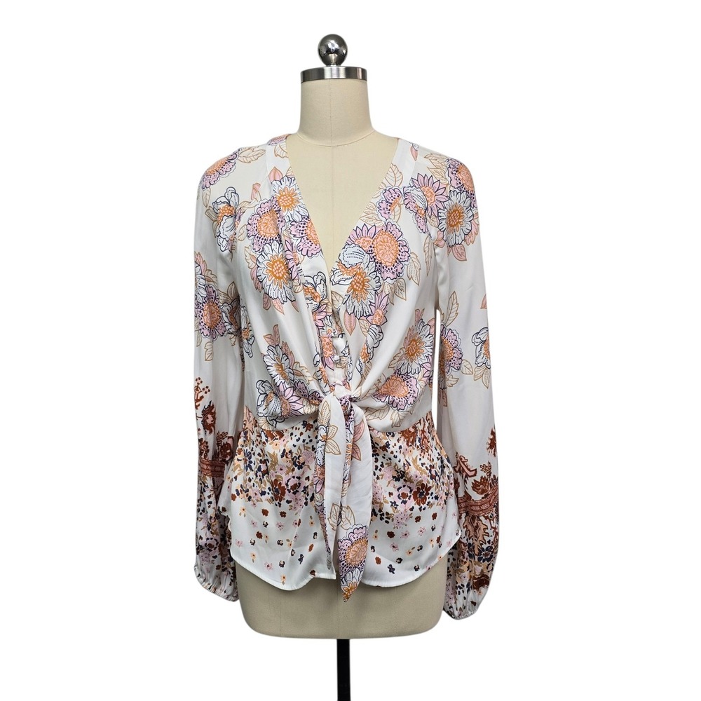 Free People Floral Print Tie Front Long Sleeve Blouse White Pink Orange Size Med